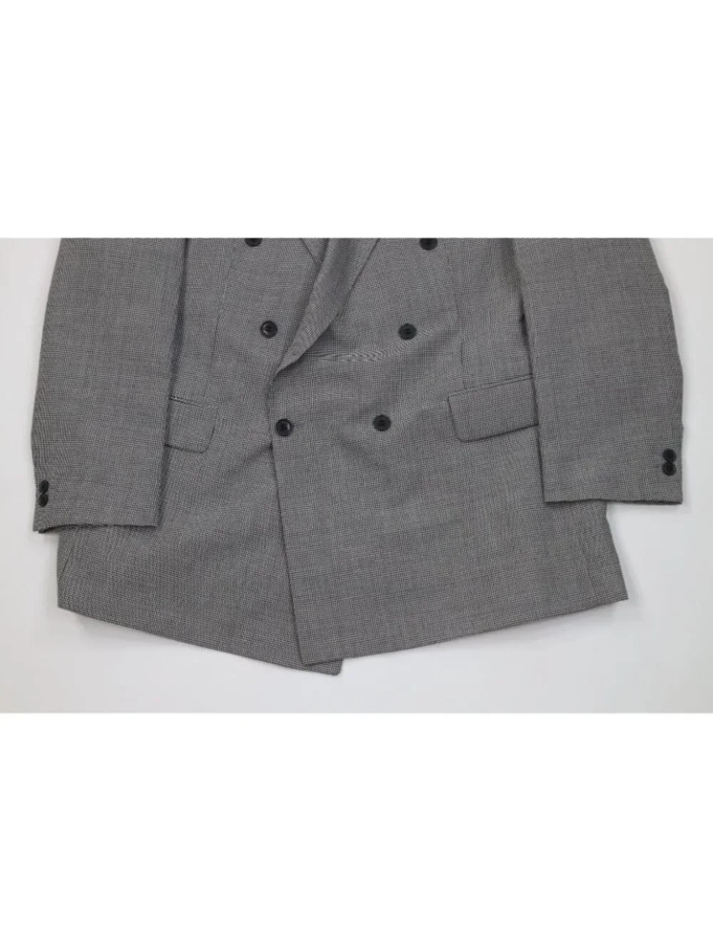Vtg 90s Mens 46R 2 Piece Wool Blend Houndstooth Double Breasted Suit 40x30 Gray